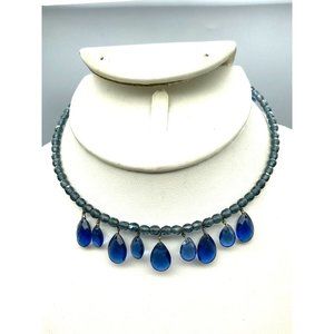 Blue Teardrops Memory Wire Choker, Faceted Crystal Beaded Bib Necklace, Elegant